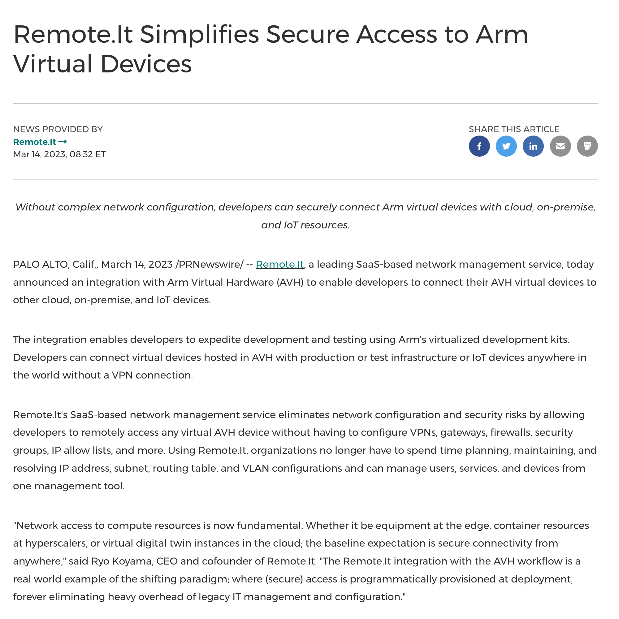 Remote.It announces integration with Arm Virtual Hardware (AVH), developers connect their AVH devices to other cloud, on-premise, and IoT devices