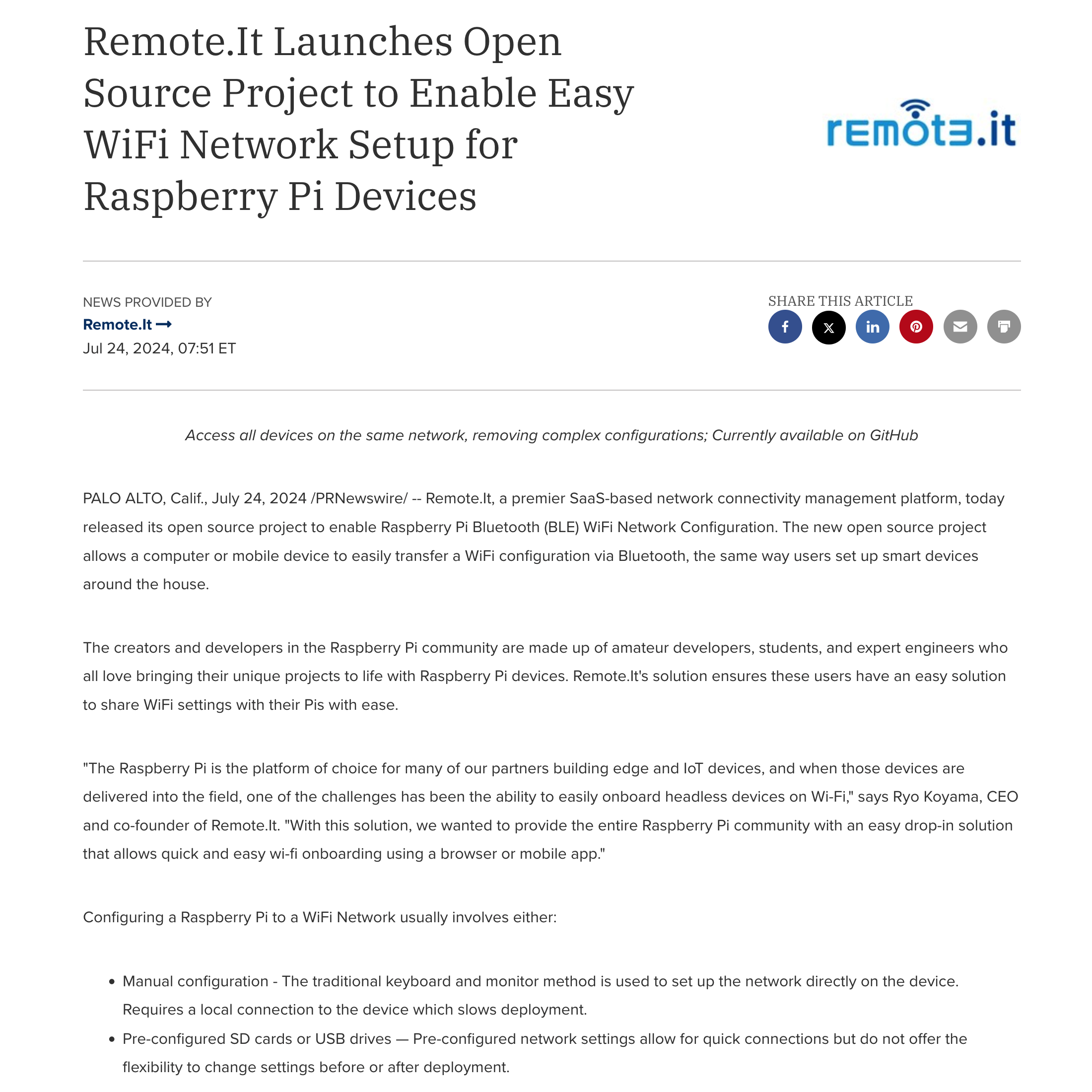 Remote.It releases open source project Raspberry Pi Bluetooth WiFi Network Configuration