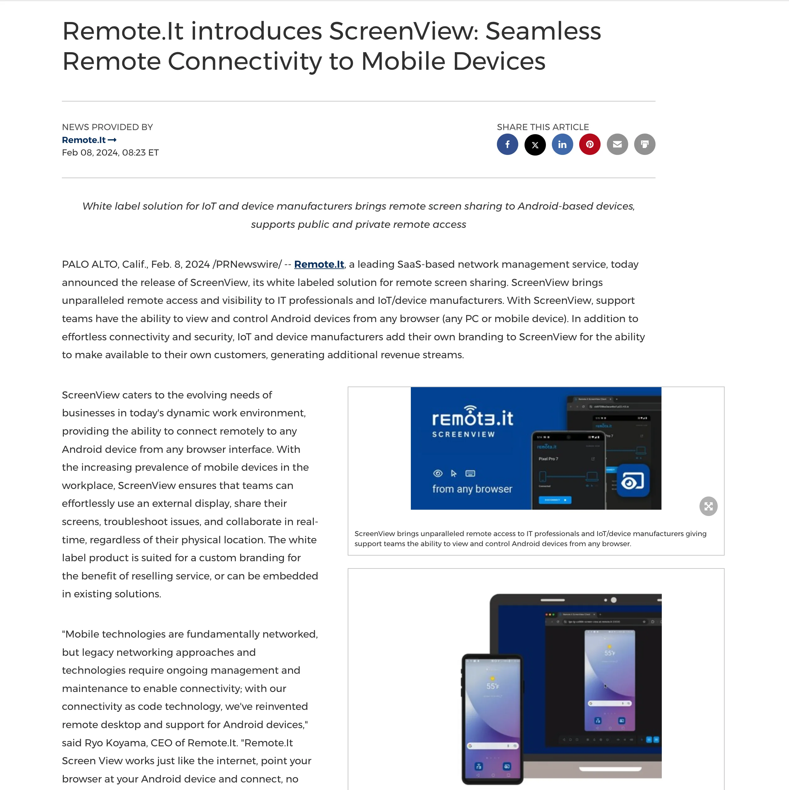  White label solution for IoT and device manufacturers brings remote screen sharing to Android-based devices, supports public and private remote access